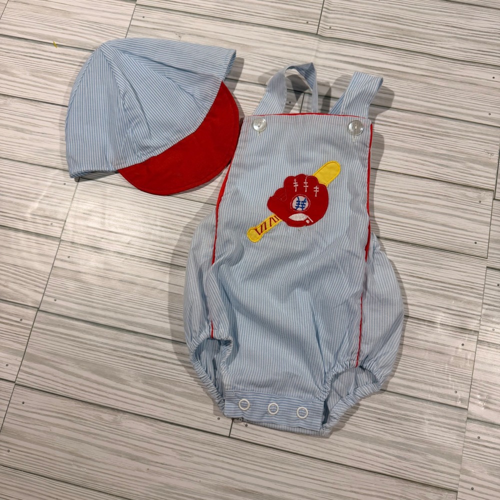 Vintage Baby Boy Baseball Seersucker Romper and Hat Set Blue White Stripe 0-6M